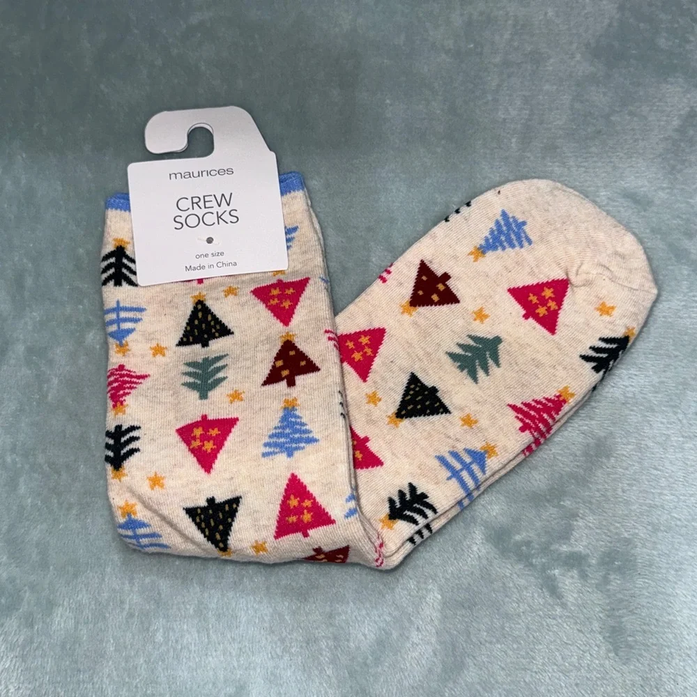 Maurices Cream Socks with Festive Tree Design